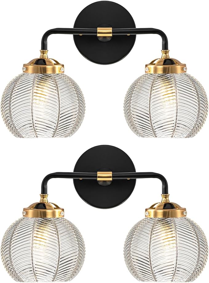 Mid Century Modern Wall Sconce Bathroom Light fixtures 2 Light Ribbed Globe Sconces Vanity Lighting Fixture Black and Gold Vanity Lights Double Wall sconces with Clear Glass Shades