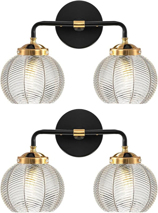 Mid Century Modern Wall Sconce Bathroom Light fixtures 2 Light Ribbed Globe Sconces Vanity Lighting Fixture Black and Gold Vanity Lights Double Wall sconces with Clear Glass Shades