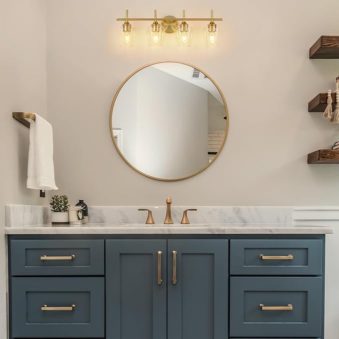 Bathroom Light Fixtures 4-Light Brushed Nickel Bathroom Vanity Light with Clear Glass Shade, Modern Wall Lights for Bedroom Hallway Living Room (Gold, 4-Light)