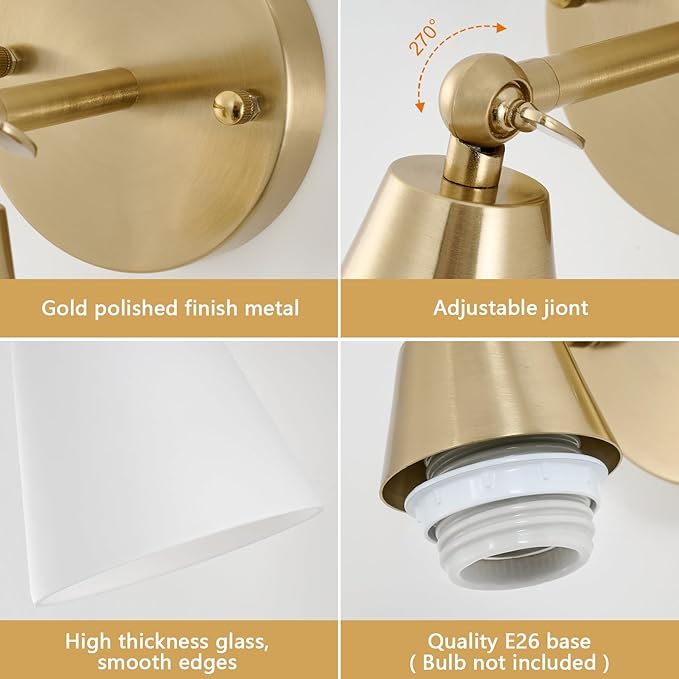 MWZ Gold Wall Sconce Decor 2 Pack,Modern Brushed Brass Sconces Lighting with White Glass Shade,Bathroom Light Fixtures Over Mirror,Vanity Lights Over Sink,Indoor Wall Mount Adjustable Angle Lamp