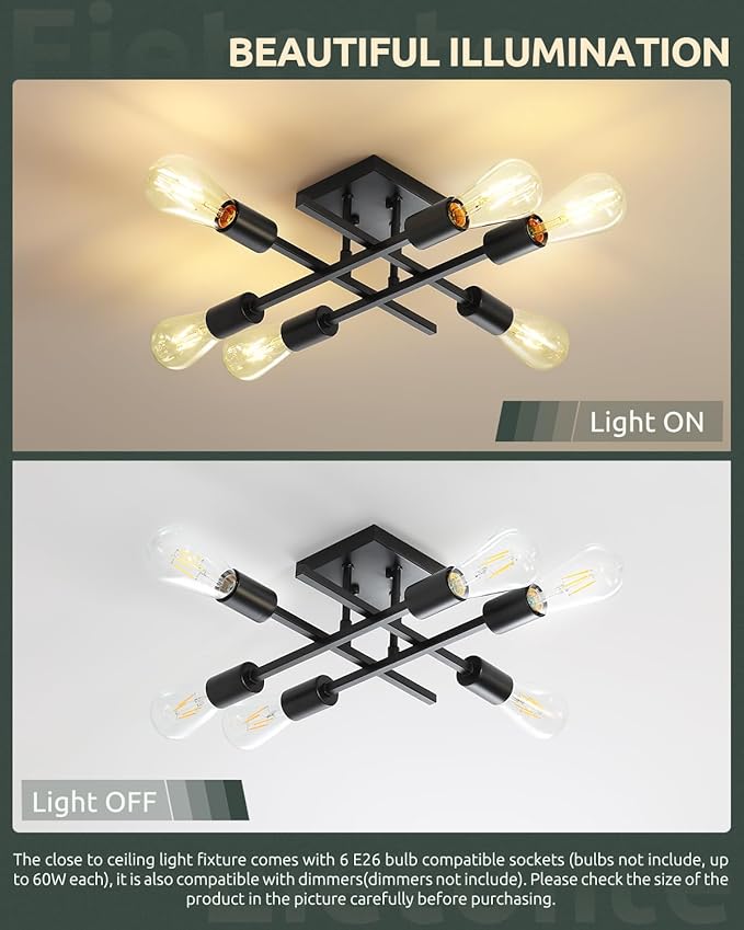 6-Light Semi Flush Mount Ceiling Light Fixture, Industrial Black Close to Ceiling Lighting, Modern E26 Base Sputnik Chandelier Ceiling Lamp for Kitchen Bedroom Living Room Hallway, 2 Pack
