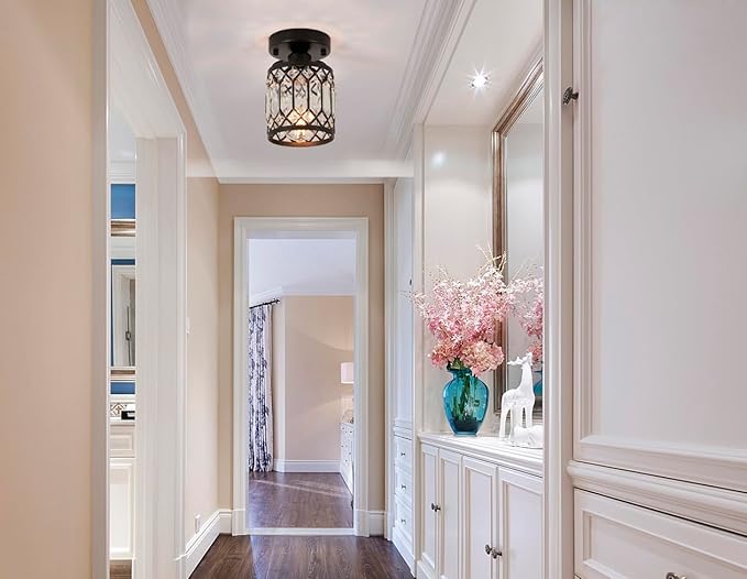 Crystal Black Ceiling Lights Modern Semi Flush Mount Ceiling Light Fixture,Farmhouse Rustic Chandelier for Entryway Porch Aisle Corridor Balcony