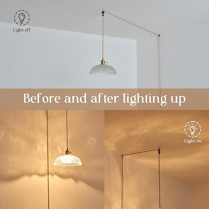 Hanging Lamp Plug in,Braided Adjustable 14Ft Light Cord Plug in Pendant Light 9.8 Inch Glass Lampshade Hanging Ceiling Light Kitchen Island On/Off Switch Hanging Lights