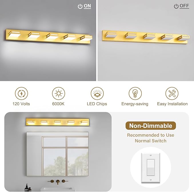 LED Modern Bathroom Light Fixtures, 5-Light 40-Inch Gold Vanity Lights for Bathroom Lighting Fixtures Over Mirror, 6000K Cool White 350° Rotatable Wall Lamp