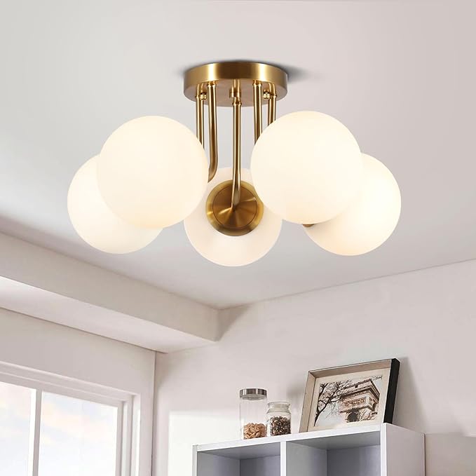 Bektas 5-Lights Semi Flush Mount Ceiling Light Fixture Brushed Gold Light Fixture Bend Modeling with Milk Glass Globe for Bedroom,Living Room,Dinning Room Foyer Hallway