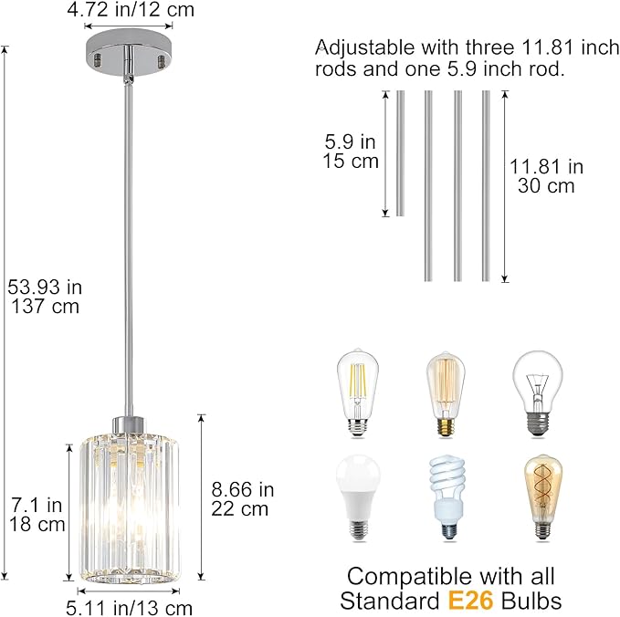 Chrome Pendant Lights, 2 Pack Modern Crystal Hanging Pendant Light Fixtures, Mini Crystal Island Lights for Kitchen Island, Dining Room, Hallway, Foyer, Entryways