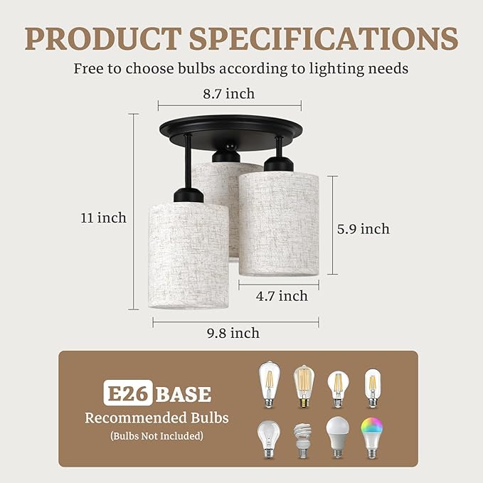 Semi Flush Mount Ceiling Light, 3-Light Close to Ceiling Light Fixtures, Matte Black Kitchen Light Fixtures with Linen Fabric Shade, Hallway Light Fixtures Ceiling Mount for Foyer Entryway