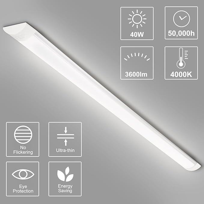 8-Pack 4FT LED Batten, Close to Ceiling Light fixtures, 40W, Ultra-Thin Day Light, 4000K, IP20, LED Ceiling Light for Garage, Stores, Warehouse, Office, Corridor, supermarkets, etc.