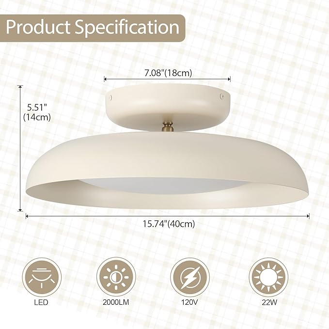 BISAMIYA Modern Dimmable LED Ceiling Light, 15.7 inch Semi Flush Mount Ceiling Light, Adjustable Angle Light Fixture, Brass Accent, for Bedroom, Kitchen, Laundry Room, 3000K/Warm White/22W