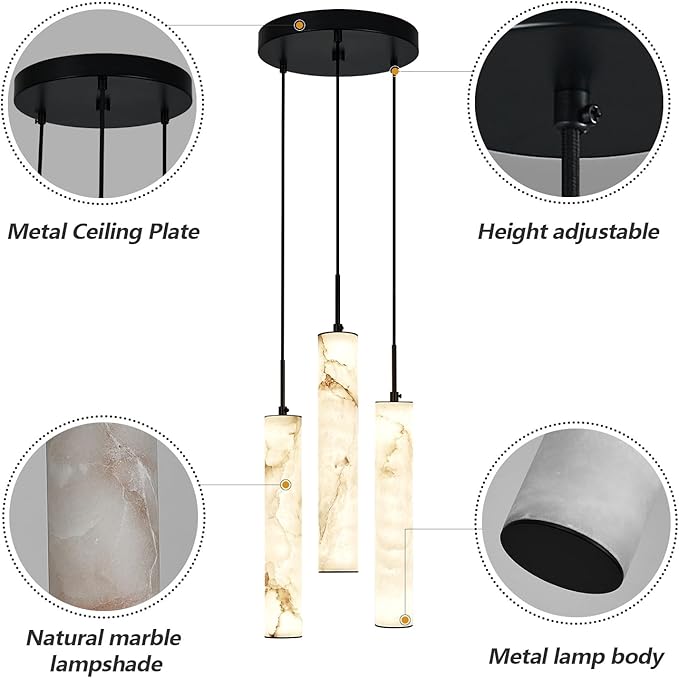 LMQNINE Natural Alabaster Pendant Lights for Kitchen Island White Marble Long Tube Chandelier 4000K Modern Black Ceiling Light Fixtures for Bedroom Dining Room Living Room Hallway(Y-3Light-Crackle)