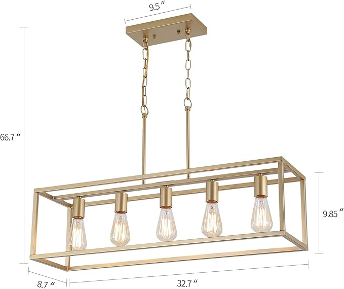 AMZASA Gold Rectangle Kitchen Island Lights Rectangular Modern Industrial Chandelier for Dining Room 5 Lights Linear Vintage Cage Light Fixtures UL Listed