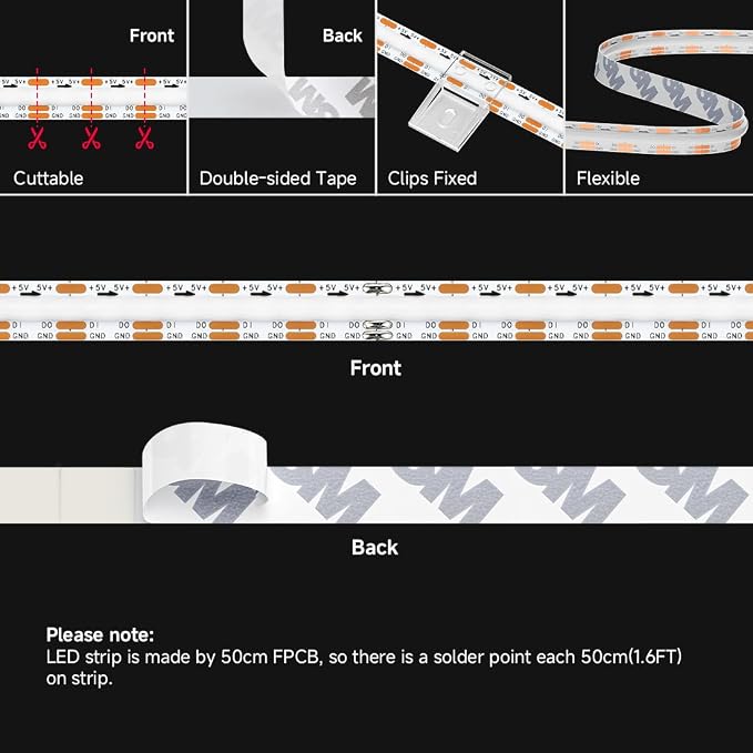 BTF-LIGHTING FCOB COB WS2812B IC RGB LED Strip DC5V 9.8FT Individual Addressable 160LED/m 480LEDs 480IC,UL Listed,Dream Color IP30 High Density Light 10mm Width for Decor(No Adapter or Controller)