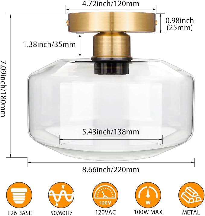 MAXvolador Industrial Semi Flush Mount Ceiling Light Gold, Clear Glass Pendant Lamp Shade, Farmhouse Lighting Hallway, Vintage Hanging Light Fixture