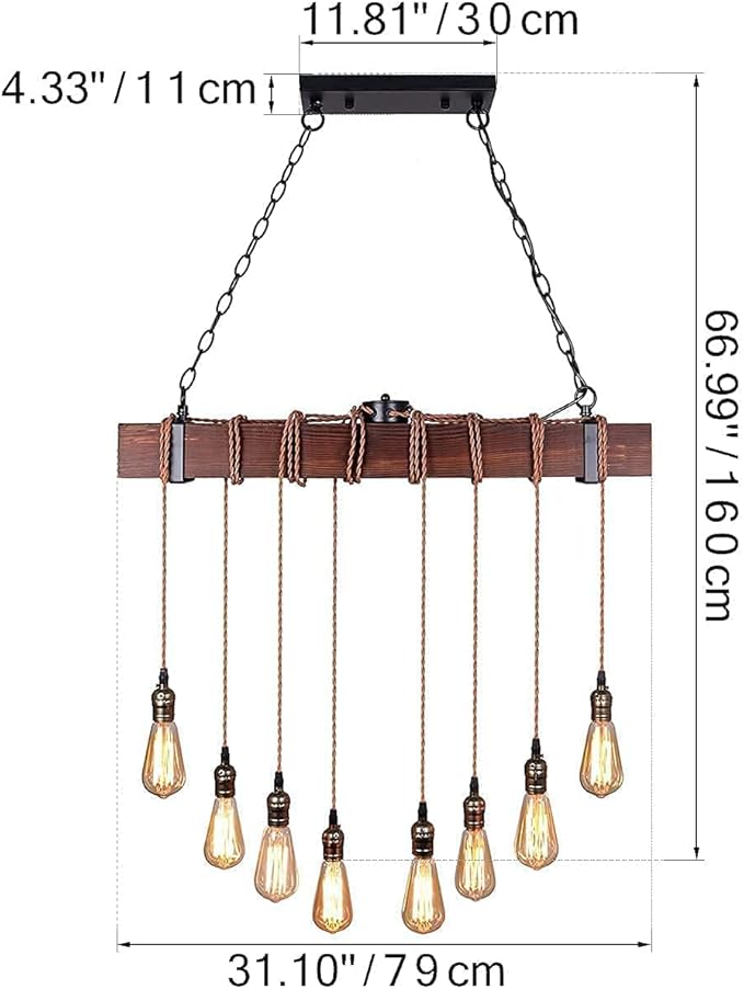 Farmhouse Pendant Lights Kitchen Island, Kitchen Light Fixtures, Rustic Dining Room Light Fixture with 8 E26 Bulb Sockets, Black Metal and Wood Beam Ceiling Pendant Light Fixtures, Hanging Lights