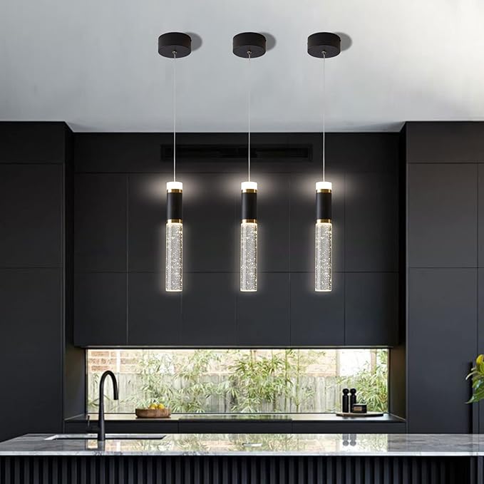 Led Pendant Light,Crystal Modern Kitchen Island Light Fixture,Adjustable Pendant Lighting for Kitchen Island,Black Gold Led Chandelier for Dining Room,Bedroom,Mini Pendant Spot Lights (2-Pack)