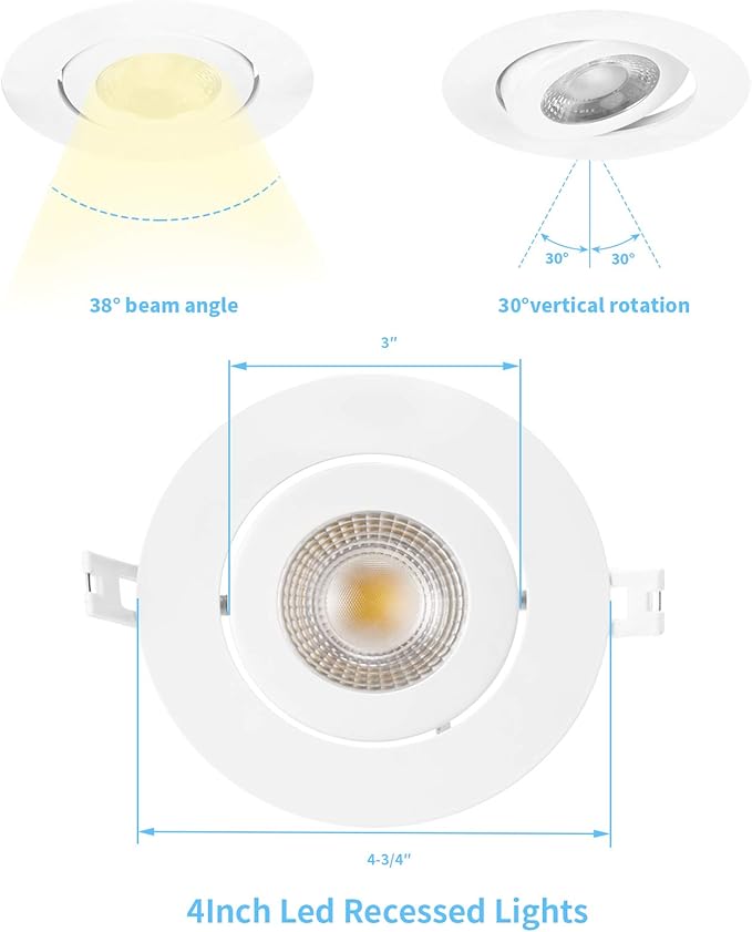 16 Pack Led Recessed Light 4 Inch,Adjustable Eyeball Gimbal, LED Recessed Lighting with Junction Box 9 Watts 750Lm Dimmable Ceiling Light ETL Listed (2700K/3000K/3500K/4000K/5000K Option)