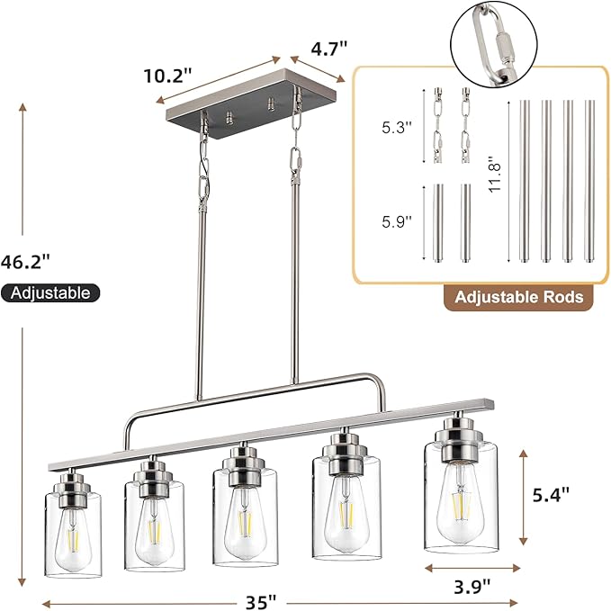 Dining Room Light Fixture - Brushed Nickel 5-Light Farmhouse Chandelier Kitchen Island Lights Fixtures Modern Linear Silvery Chandeliers Hanging Pendant Lighting Over Table