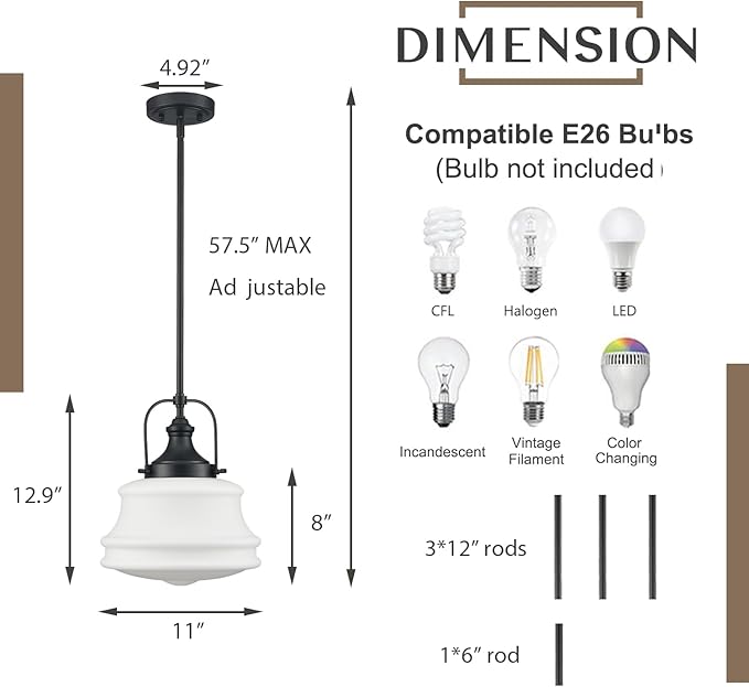 DEYNITE Industrial Pendant Light Fixtures Black Hanging Adjustable Schoolhouse Light Milk White Shade for Kitchen Bar Bedroom Bathroom Dining Room