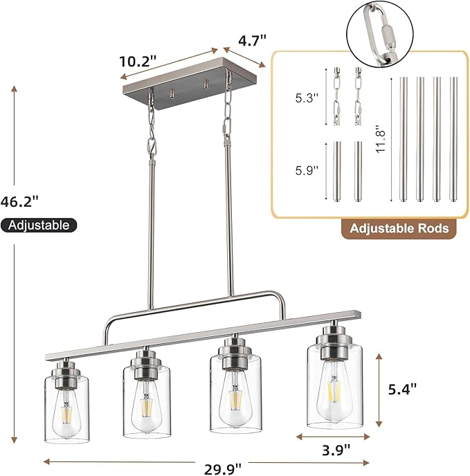 Dining Room Light Fixture - Brushed Nickel 4-Light Farmhouse Chandelier Kitchen Island Lights Fixtures Modern Linear Silvery Chandeliers Hanging Pendant Lighting Over Table