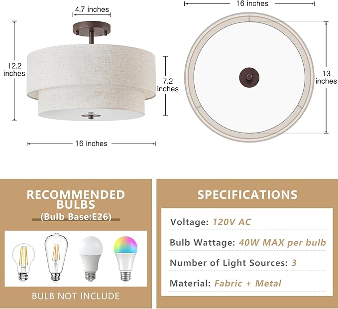 Bargeni 16" Semi Flush Mount Ceiling Light, 3-Light Drum Ceiling Light Fixture, Oil Rubbed Bronze with Double Linen Fabric Shade, Modern Light Fixtures Ceiling Mount for Bedroom, Living Room, Entryway