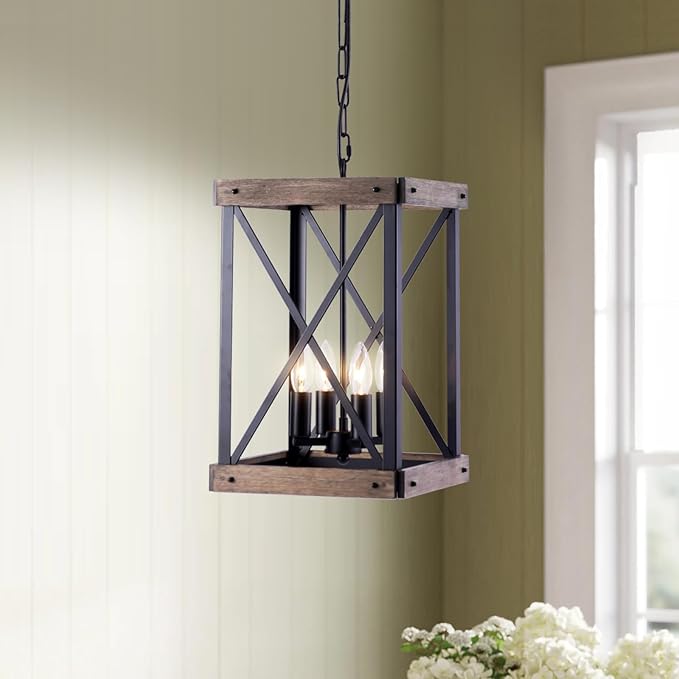 Farmhouse Pendent Lights for Kitchen Island, 4 Lights Rustic Wood Grain Black Cage Hanging Pendant Lamp Fixture for Dining Room Sink Hallway Entryway