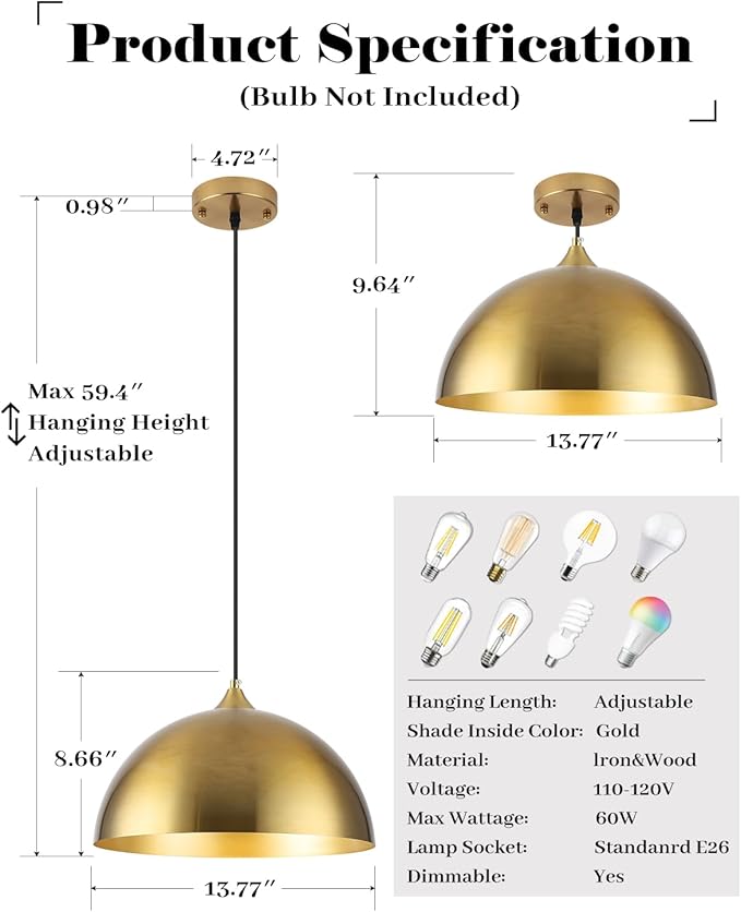 Gold Pendant Lights Kitchen Island 3 Pack, 14 Inch Gold Dome Pendant Light, Large Kitchen Pendant Light, Island Pendant Lights for Kitchen, Dining Room, Cafe