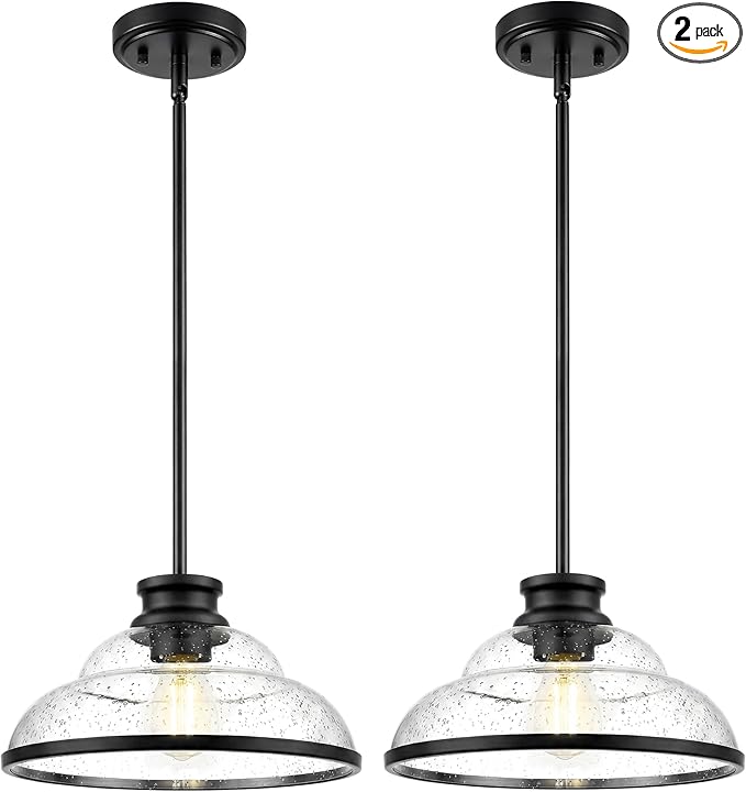 kudos 2 Pack Pendant Lights Kitchen Island, 11" Black Pendant Lights with Seeded Glass Shade, Farmhouse Large Hanging Light Fixture for Kitchen Sink Dining Room Hallways, KDPL14-BK-2PK