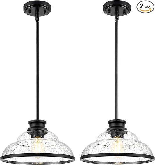 kudos 2 Pack Pendant Lights Kitchen Island, 11" Black Pendant Lights with Seeded Glass Shade, Farmhouse Large Hanging Light Fixture for Kitchen Sink Dining Room Hallways, KDPL14-BK-2PK