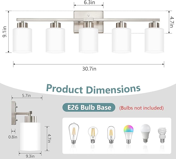 Brushed Nickel Bathroom Light Fixtures, 5-Light Modern Vanity Lights with Milky White Frosted Glass Shades, Wall Sconces for Mirror, Bathroom, Restroom (E26 Socket)
