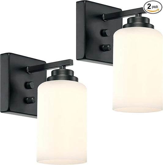 Loyareal Wall Sconces with Switch Set of Two, Bedside Wall Lamps for Bedroom, Modern Bathroom Light Fixtures with Milk Glass Shade, Black Sconces Wall Lights for Hallway, Living Room, Kitchen