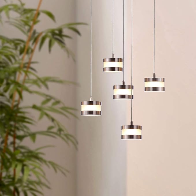 Mercury 5 Mini Pendant Lighting Nickel - LED Hanging Light Fixture for Kitchen Island, Bar, Foyer - Cluster Pendants - Dimmable, Adjustable Wire, Lamp Bulb Included
