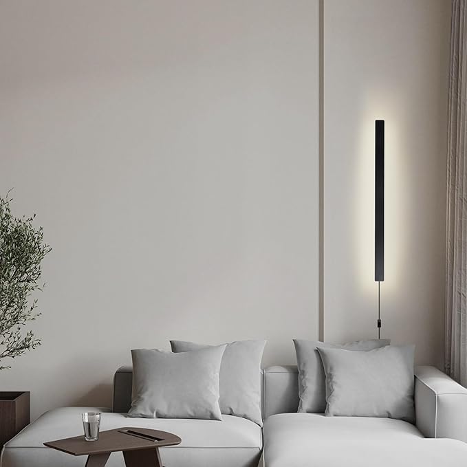 KELUOLY Modern Plug in Wall Lights, 31.4 inch Frosted Black LED Long Wall Sconce, 16W Warm White 3000K Acrylic Indoor Wall lamp,with 59" Plug Cable for Bedroom, Living Room, Hallway