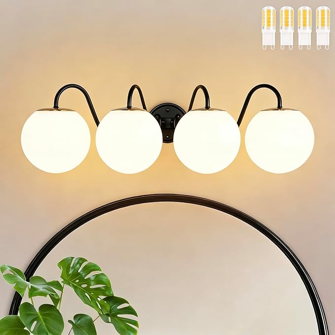 4 Lights Vintage Bathroom Vanity Light Fixtures Over Mirror, Matte Black Vanity Lights For Bathroom With Milk White Glass Globe Shade, Wall Lights For Bedroom, Hallway, Dressing Table(Includ G9 Bulbs)