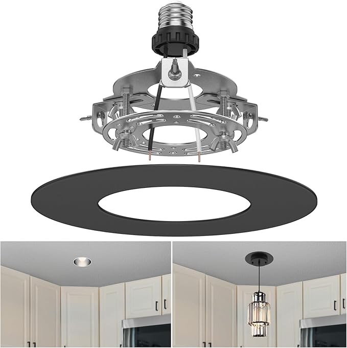 5" and 6" Recessed Can Light Conversion Kit, Fixture Upgrade, Pendant & Hanging Light, Ceiling Fan Compatible, 7¾ Inch Flat Steel Ceiling Medallion, Black Finish