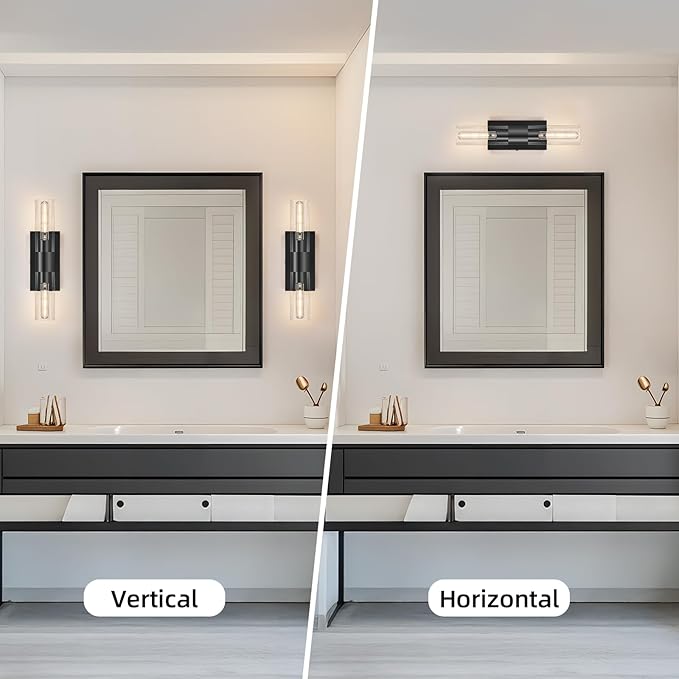 19" Modern Wall Sconce,2-Light Bathroom Vanity Light,Glass Tube Indoor Wall Sconce,Black Wall Light Wall Lamp for Bedroom, Mirror,Washroom, Hallway Hardwired Sconces Wall Lighting,E26 Base
