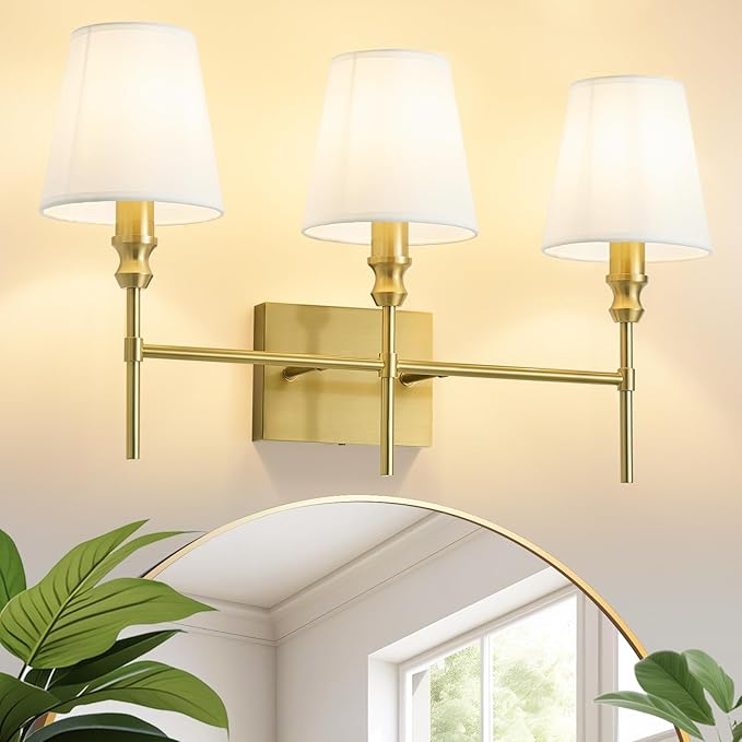 Bathroom Light Fixtures,23.6 IN Bathroom Vanity Lights Over Mirror，3-Light Antique Brass Vintage Wall Sconce With Flared White Fabric Lampshade For Bedroom,Living Room,Foyer,Hardwired,E12 Base