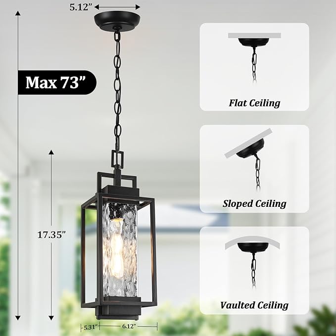 BesLowe 15” Outdoor Pendant Light with LED Bulb, Modern Hanging Lantern Light for Outside with Water Ripple Glass, Black Exterior Pendant Lighting Fixture, Outdoor Chandelier for Front Porch, Gazebo