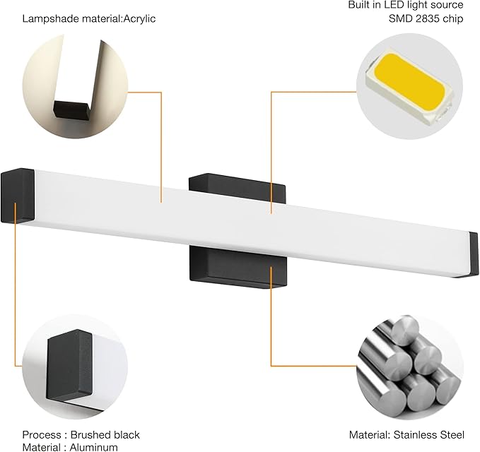 LED Bathroom Vanity Light Fixtures 24In Matte Black, 14W 4000K Natural White Square Wall Fixture, Modern Lighting for Over Mirror, Damp Rated