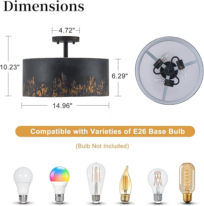 14.96" Modern Vintage Semi Flush Mount Ceiling Light,3-Light Matte Black Ceiling Light Fixture with Hand-Brushed Gold Finish,Dimmable Hallway Light Fixtures for Bedroom,Kitchen,Entryway,Foyer