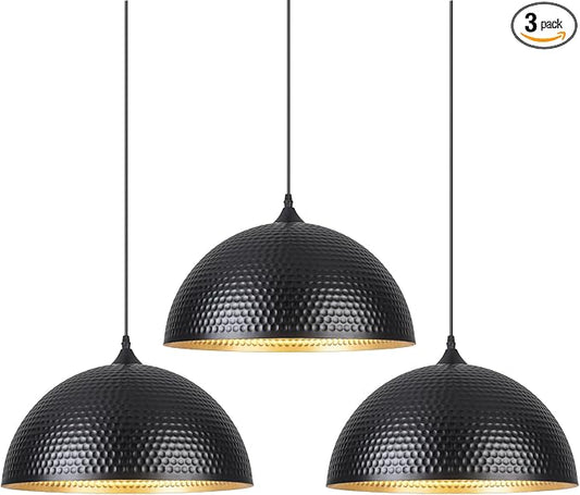 16 inch Black and Gold Pendant Light 3 Packs, Hammered Industrial Large Pendant Lights Kitchen Island, Oversive Black Dome Pendant Light for Kitchen Island, Dining Room, Bar