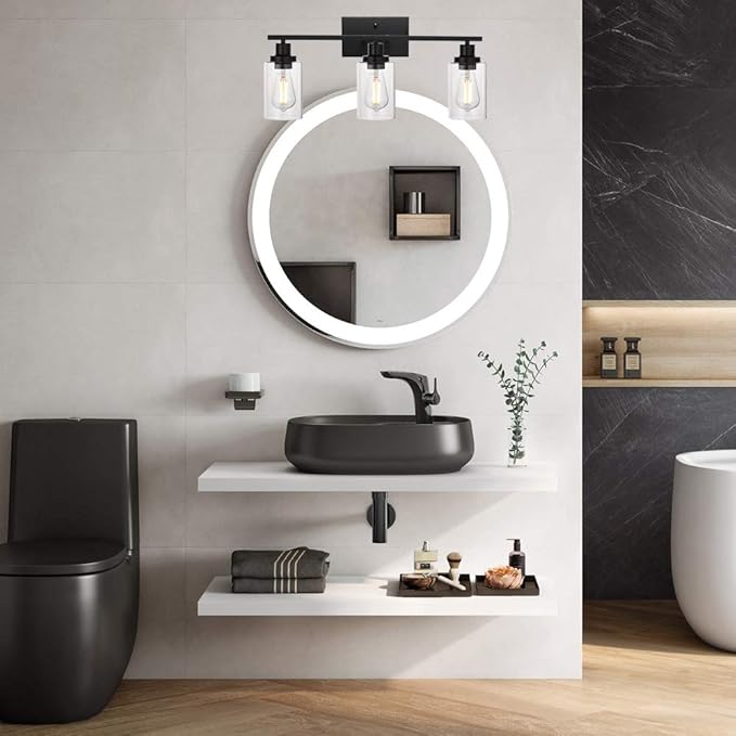MELUCEE Bathroom Vanity Light Fixtures 3 Lights Wall Sconce Black with Clear Glass Shade for Bedroom Living Room Hallway Kitchen (Patent No.: US D963914 S)