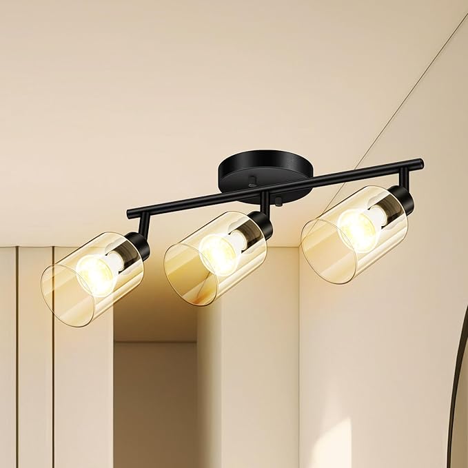 3 Light Led Track Lighting Kit, Glass Lightshade, Modern 3 Way Ceiling Spot for Kitchen, Dining Room, Bedroom, Hallway, Flexibly Rotatable Head, Black, GU10 Bulb Not Included