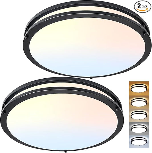 16Inch LED Ceiling Light Fixtures 2 Pack, 48W Flush Mount Ceiling Light, 4800LM Super Bright Ceiling Mount Light, Dimmable Black Ceiling Light 5CCT Ceiling Lamp for Hallway Kitchen Bedroom