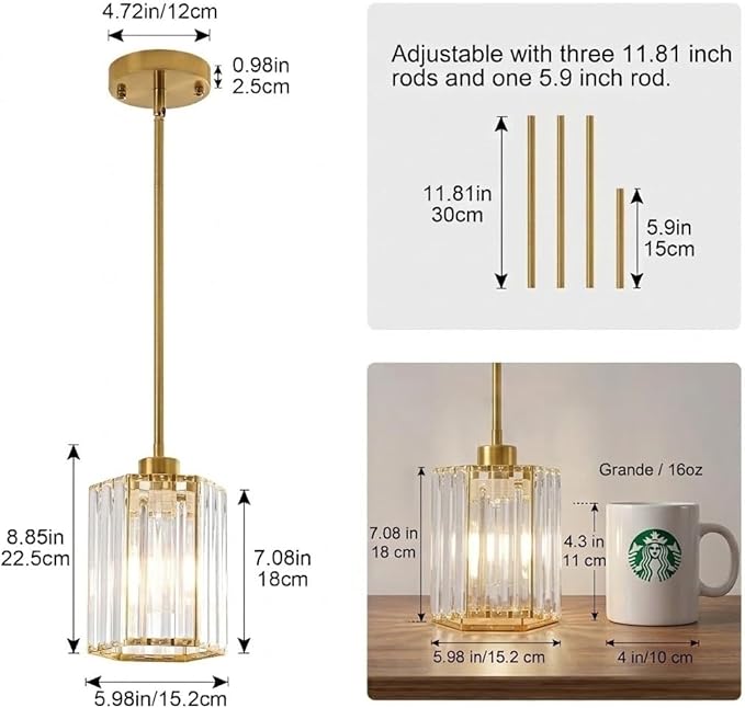 2 Pack Crystal Pendant Lights, Brushed Gold Kitchen Hanging Pendant Light Fixtures, Modern Hexagonal Crystal Pendant Lighting for Kitchen Island, Dining Room, Hallway, Foyer Entryways