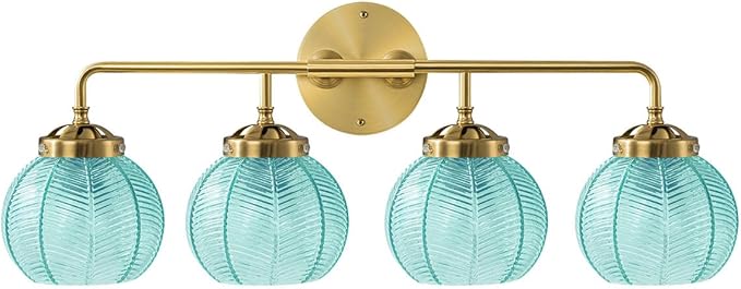 4 Light Gold Bathroom Lights Over Mirror, Vintage Wall sconces with Blue Glass Shade Bathroom Vanity Light mid Century Modern Wall Sconce Glass Wall Lighting Fixture for Bedroom Living Room