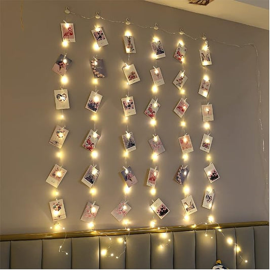 ZSJWL 3.3×5ft Short Curtain Lights with 8 Hook for Small Windows, 96 LED Warm White Photo Clips String Light with 52 Clear Clips, Remote Control 8 Modes USB Fairy Lights for Bedroom, Party, Wall