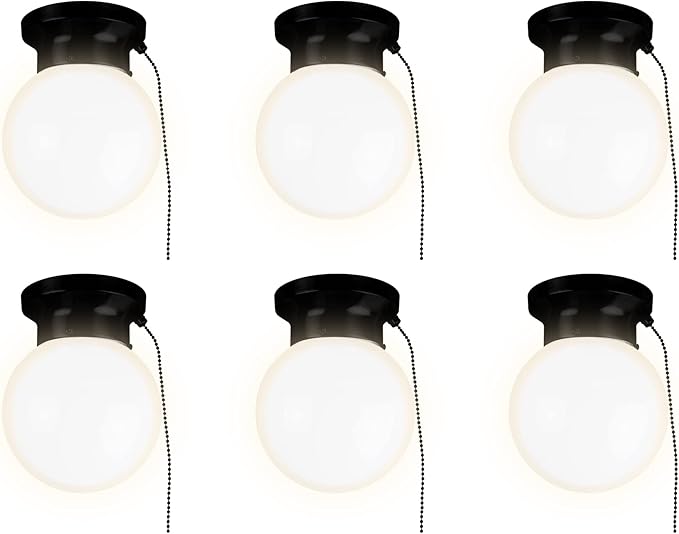 Ultralux 6" Utility LED Glass Flush Mount with Pull Chain - Globe Light Fixture - 500 Lumens 3000K Light Fixture for Closet, Pantry, Shed, Laundry Room - ETL-Certified (Matte Black, 6-Pack)
