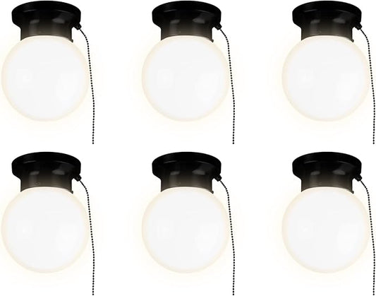 Ultralux 6" Utility LED Glass Flush Mount with Pull Chain - Globe Light Fixture - 500 Lumens 3000K Light Fixture for Closet, Pantry, Shed, Laundry Room - ETL-Certified (Matte Black, 6-Pack)