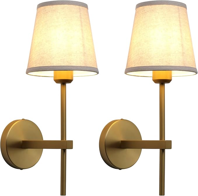 Set of 2 Vintage Wall Sconces with Linen Fabric Shade, E26 Bathroom Vanity Lights, Hardwired Indoor 1-Light Wall Mounted Lamps for Hallway Bedside Nightstand Light