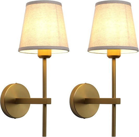 Set of 2 Vintage Wall Sconces with Linen Fabric Shade, E26 Bathroom Vanity Lights, Hardwired Indoor 1-Light Wall Mounted Lamps for Hallway Bedside Nightstand Light